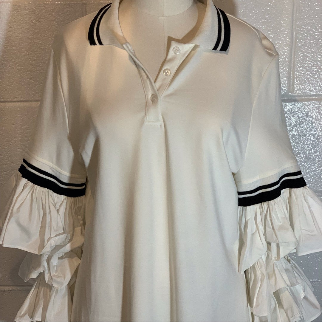 White Polo Dress W/  Open Ruffled Sleeves