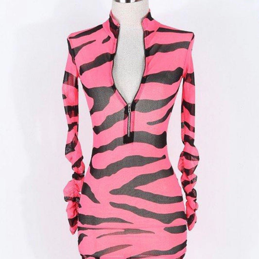 Neon Pink Zebra Print Mesh Dress