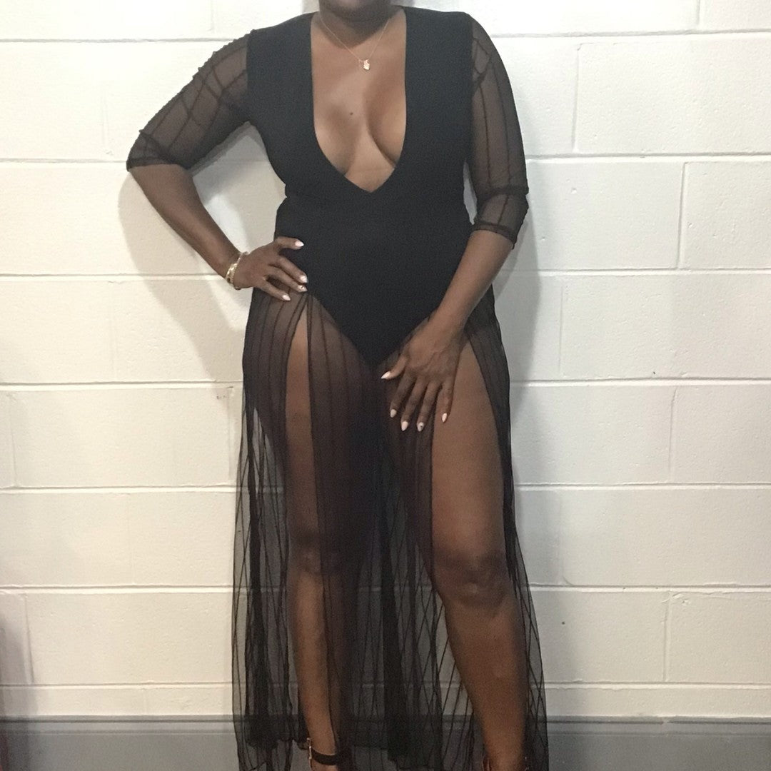 Deep V Neck Mesh Leg Dress