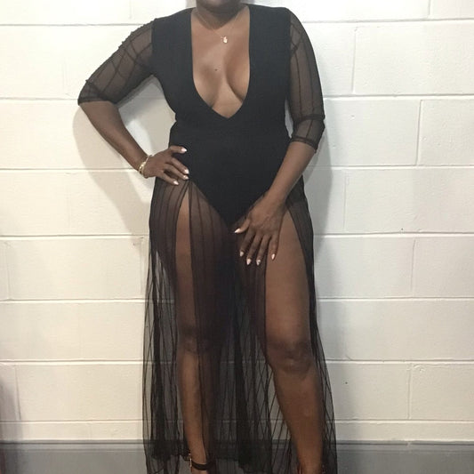 Deep V Neck Mesh Leg Dress