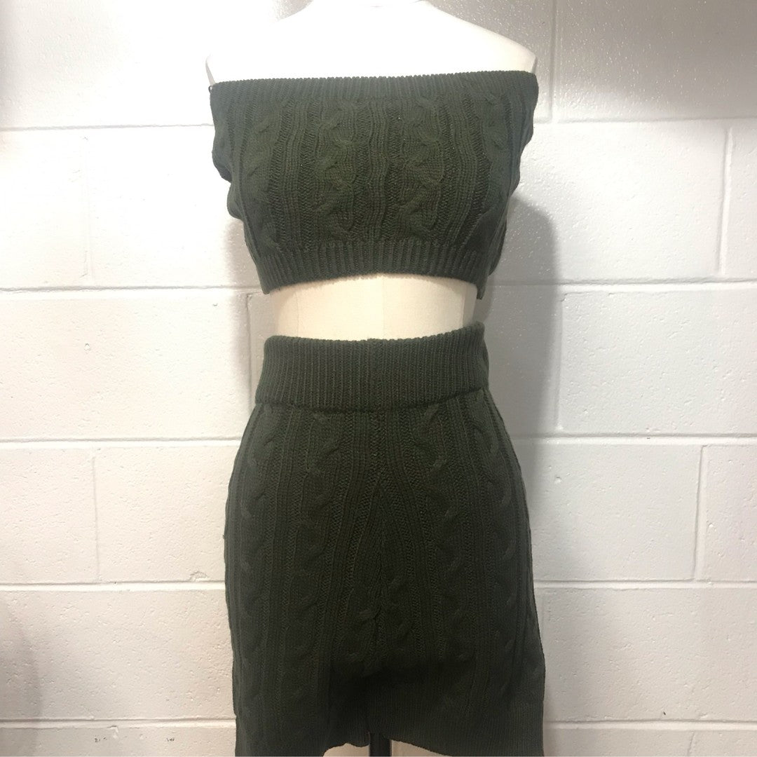 Green Knit Tube Top Two-Piece  Shorts Set