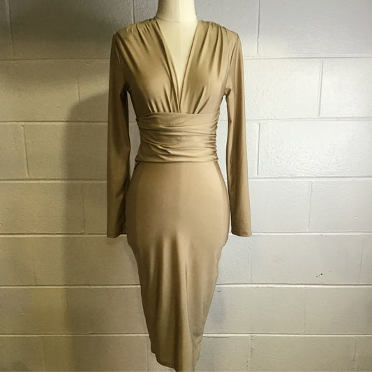 Nude Long Sleeve Runched V-Neck Dress